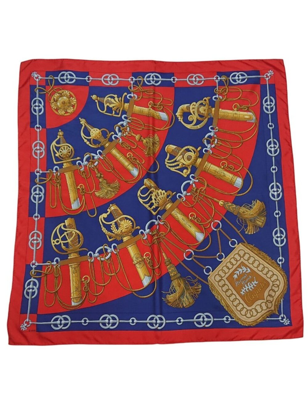 Hermes Carre 90 Cliquetis Silk Scarf Red Navy Gold - Picture 1 of 16
